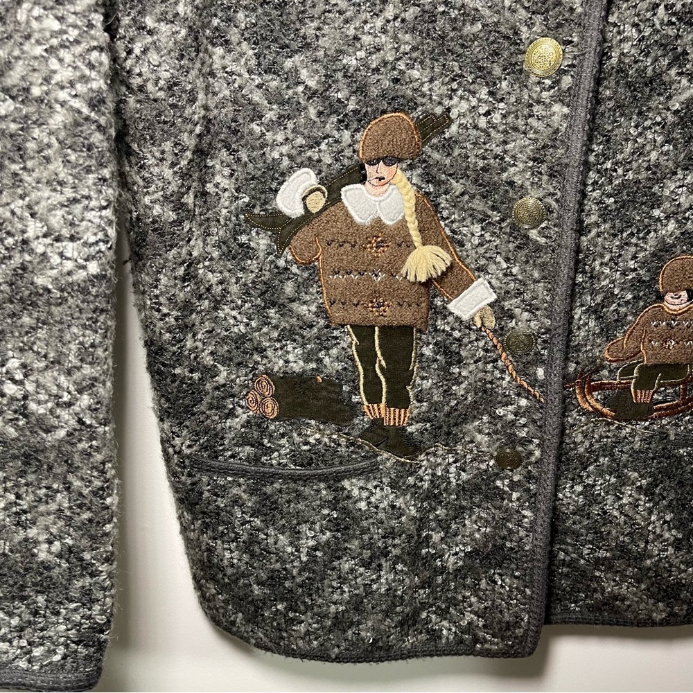 Moffi Vintage Grey Wool Blend Winter Native Scene Embroidered Button Jacket L - Picture 4 of 12